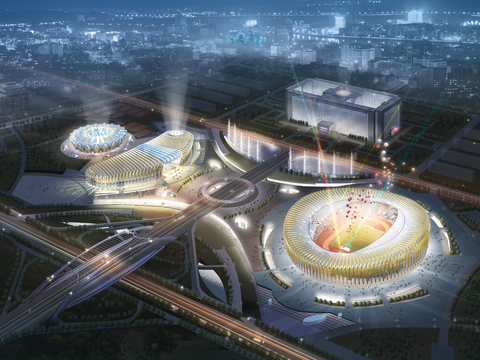  现代体育馆外观鸟瞰夜景psd 