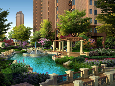  现代公园喷水池psd 