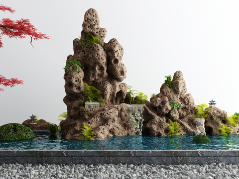  新中式假山水景小品3d模型 