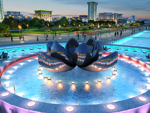  现代夜景广场喷泉景观3d模型 