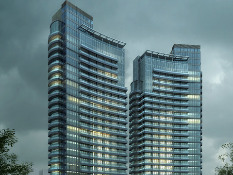  现代办公楼夜景外观psd 