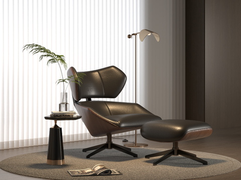  现代简约客厅黑色皮革躺椅搭配脚凳3d模型下载 书房休闲阅读角家具设计 