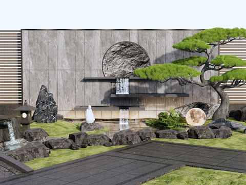  假山流水 水景墙3d模型 