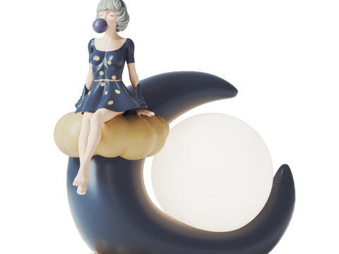  卡通月亮女孩云朵儿童台灯3d模型下载 现代梦幻LED灯泡卧室创意灯饰 