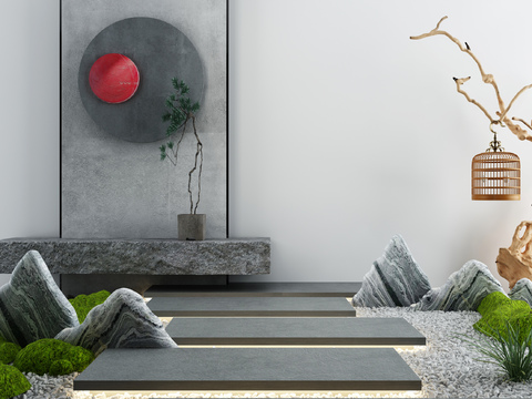  新中式绿植假山小品3d模型 