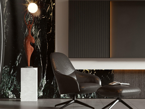  现代简约皮革躺椅3d模型下载 艺术雕塑家具设计 深色大理石背景室内装饰 