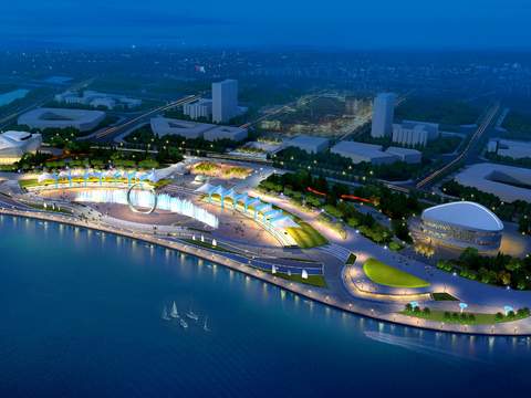  现代海边广场公园夜景景观psd 