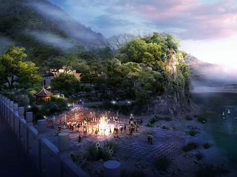  篝火夜景鸟瞰美丽乡村psd 