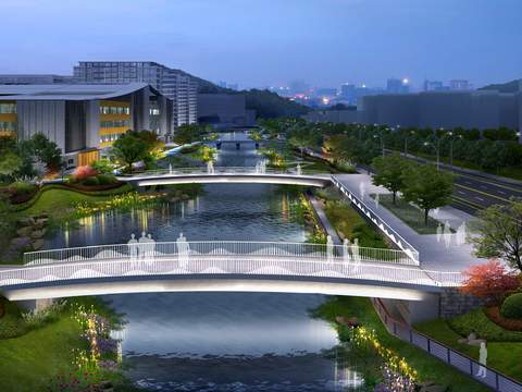  现代桥梁公园鸟瞰夜景psd 