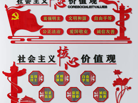  现代党建展板核心价值观3d模型 
