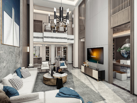  新中式别墅客厅3d模型 