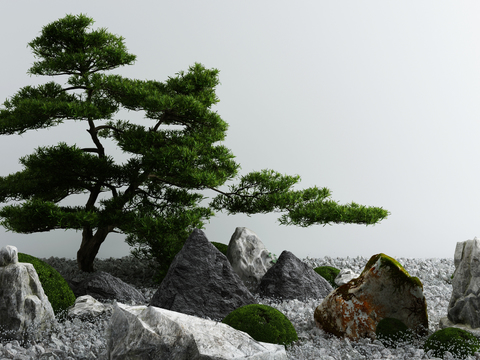  新中式松树假山灌木小品3d模型 