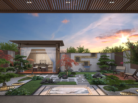  新中式别墅庭院3d模型 