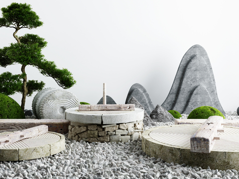  新中式假山石磨景观小品3d模型 