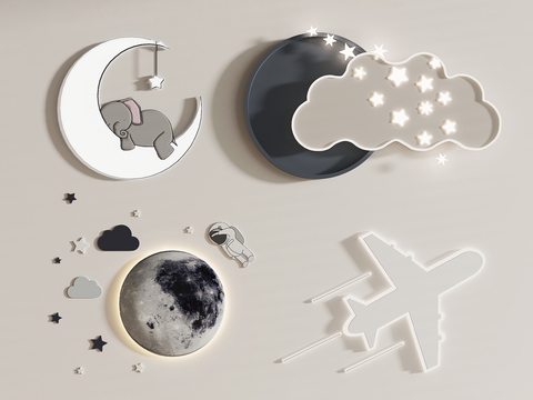  卡通太空儿童房壁灯3d模型下载 月亮星星云朵装饰灯 宇航员飞机创意墙灯 