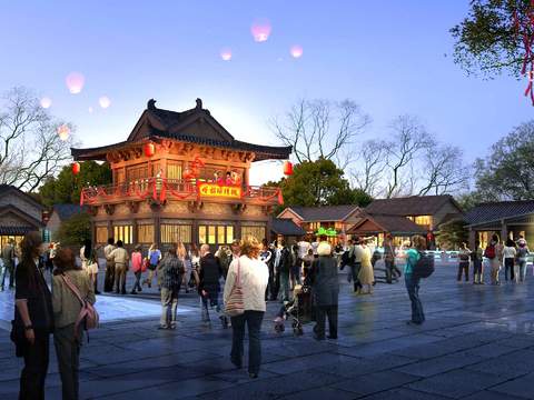  新中式商业街夜景景观psd 