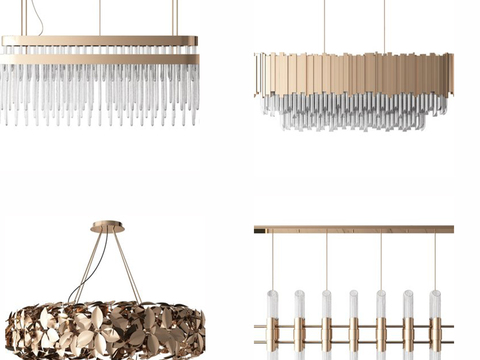  现代简约金属多头吊灯3d模型下载 轻奢玻璃水晶灯饰组合 客厅餐厅装饰灯具 