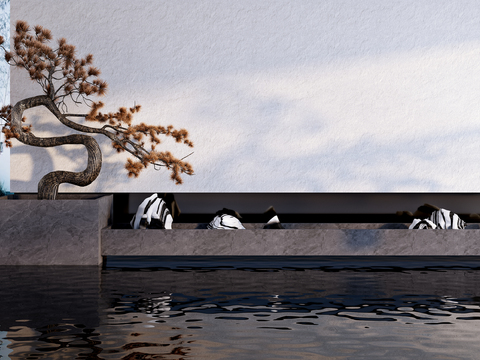  新中式园林迎客松背景墙3d模型 