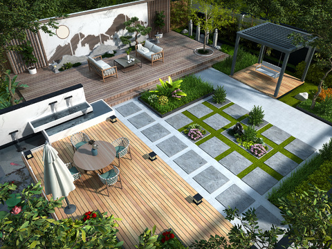  新中式庭院花园鸟瞰3d模型 