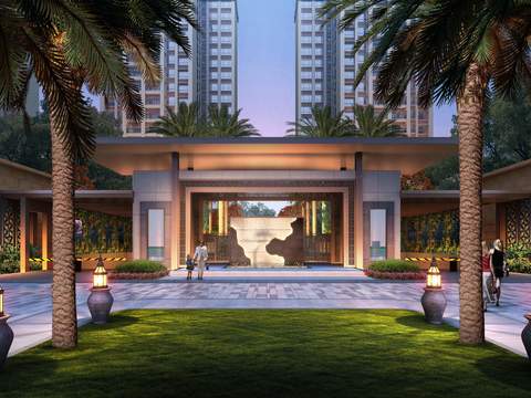  新中式园林外观景观psd 