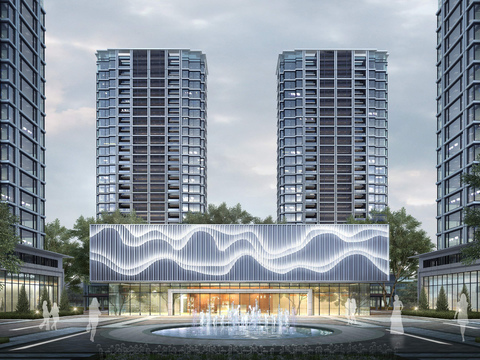  新中式住宅楼建筑外观psd 