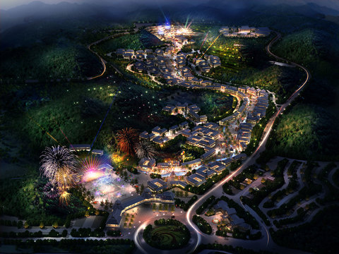  新中式商业街外观鸟瞰夜景psd 