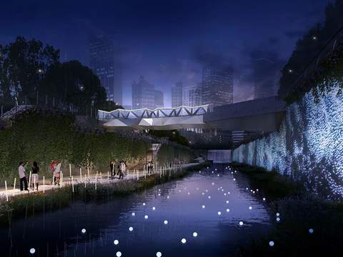  现代湖边公园园林夜景psd 