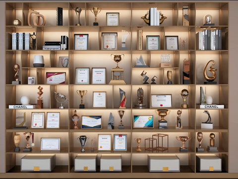  现代奖状荣誉墙荣誉证书奖杯3d模型 