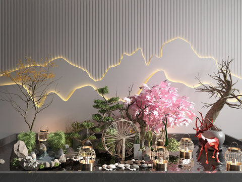  新中式绿植山石水景小品3d模型 