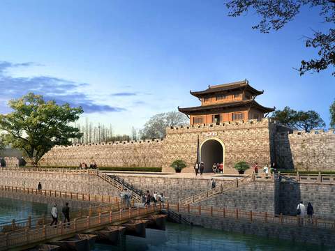  新中式湖边廊桥古建外观psd 