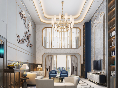  新中式别墅客厅3d模型 