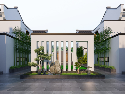  新中式松树假山园艺小品3d模型 