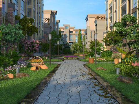  简欧小区园林景观3d模型 