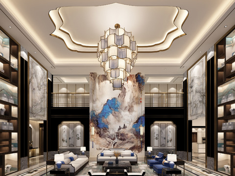  新中式别墅客厅3d模型 