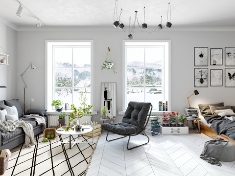  北欧公寓客厅卧室3d模型 