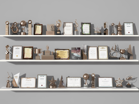  奖状 奖杯 荣誉证书 奖章3d模型 