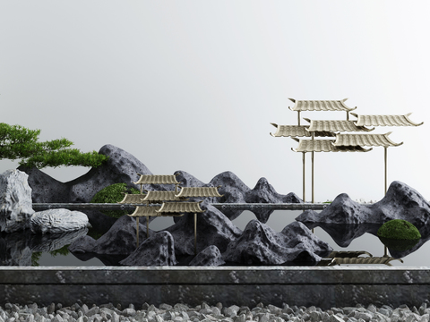  新中式庭院假山水景小品3d模型 