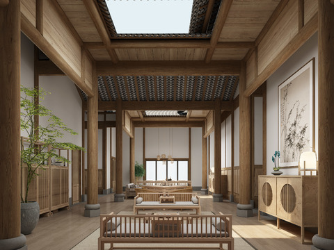  新中式民宿酒店会客厅3d模型 