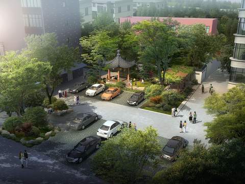  新中式乡村亭子停车场psd 