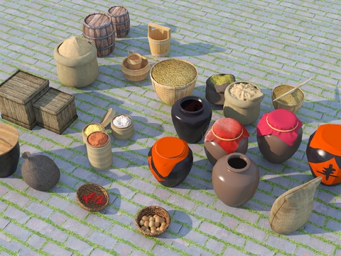  中式酒坛 竹篓 园艺小品3d模型 