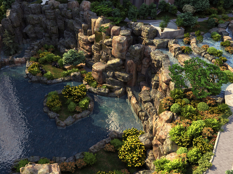  现代瀑布园林景观鸟瞰3d模型 