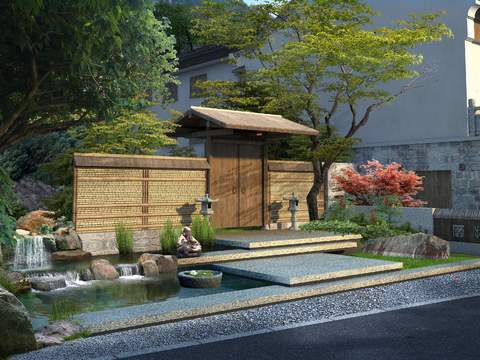  新中式假石流水景观小品psd 