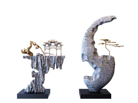  新中式禅意抽象石头雕塑摆件3d模型 