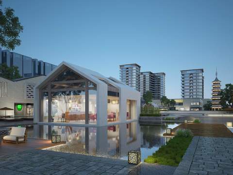  现代湖边园林景观3d模型 