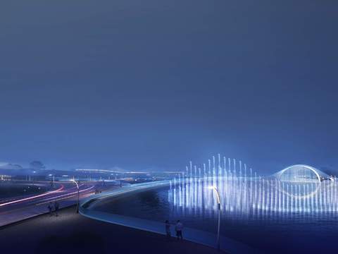  现代海上喷泉夜景景观psd 