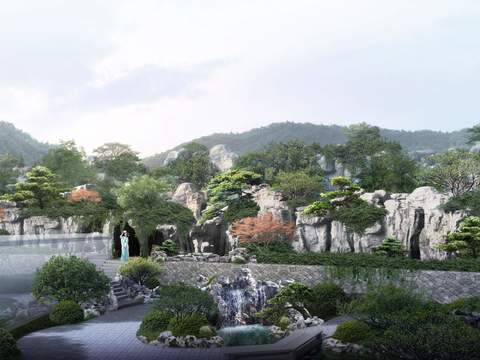  新中式山间流水园林景观psd 