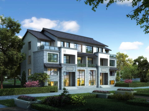  新中式别墅外观psd 