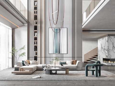  现代挑空别墅客厅3d模型 