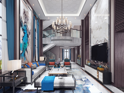  新中式别墅客厅餐厅3d模型 