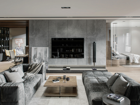  现代公寓客厅餐厅书房厨房3d模型 